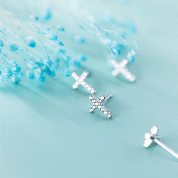 Simple Small Tiny Cross Stud Earrings 0.8 x 1.0cm with Cubic Zirconia - Picture 4 of 7